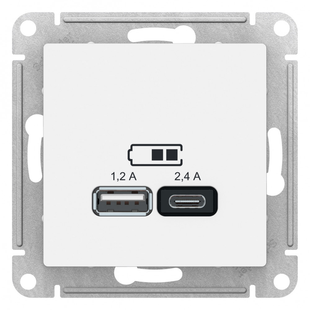 SE Atlasdesign USB Розетка А+С, 5В/2, 4 А, 2х5В/1, 2 А, механизм, белый