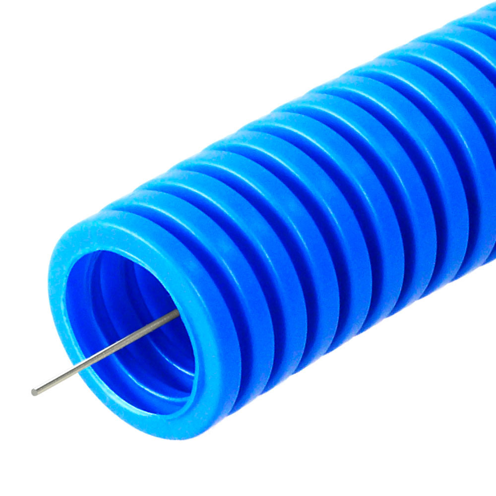 Труба гофрированная ПП Промрукав d 25 мм лёгкая 350 Н безгалогенная (HF) синяя с/з (50м/2600м уп/пал)