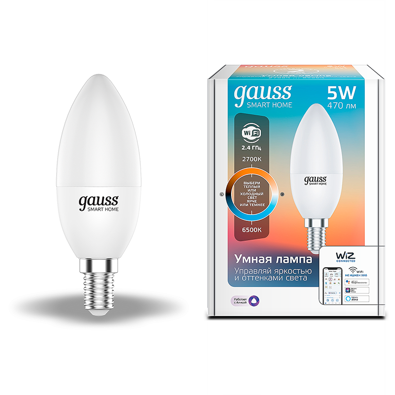 Gauss Лампа Smart Home С37 5W 470lm 2700-6500К Е14 изм.цвет.темп.+диммирование LED
