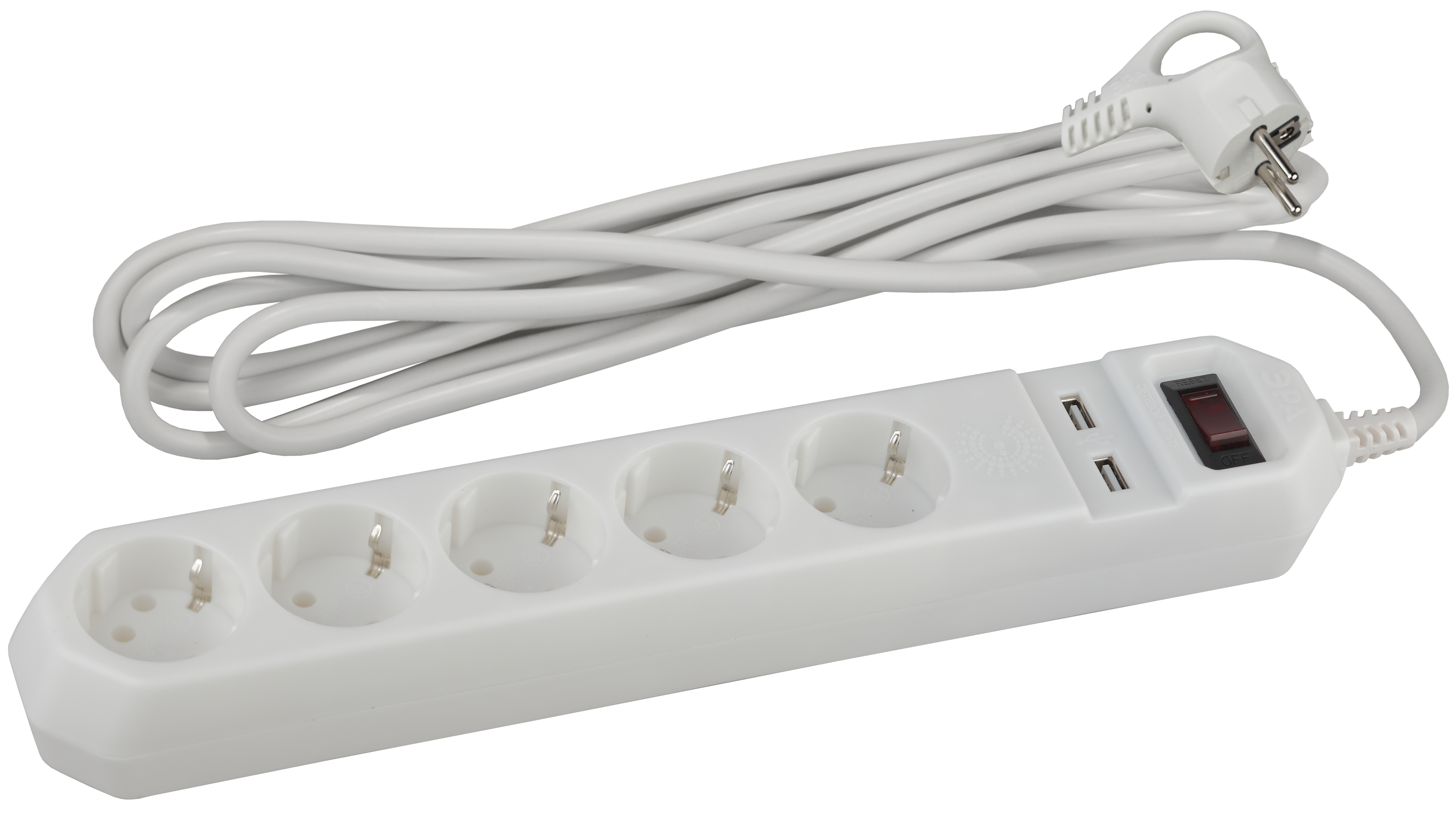 ЭРА USF-5es-1.5m-USB-W Белый Сетевой фильтр базовая защита, с/з, с выкл, 5гн+2USB, 1,5м, ПВС, 10А