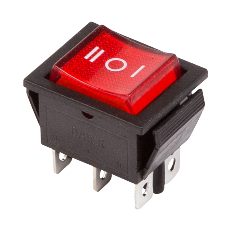 Выключатель клавишный 250V 15А (6с) ON-OFF-ON красный с подсветкой и нейтралью Rexant