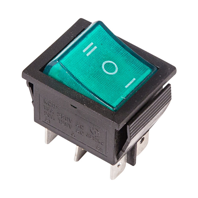 Выключатель клавишный 250V 15А (6с) ON-OFF-ON зеленый с подсветкой и нейтралью Rexant