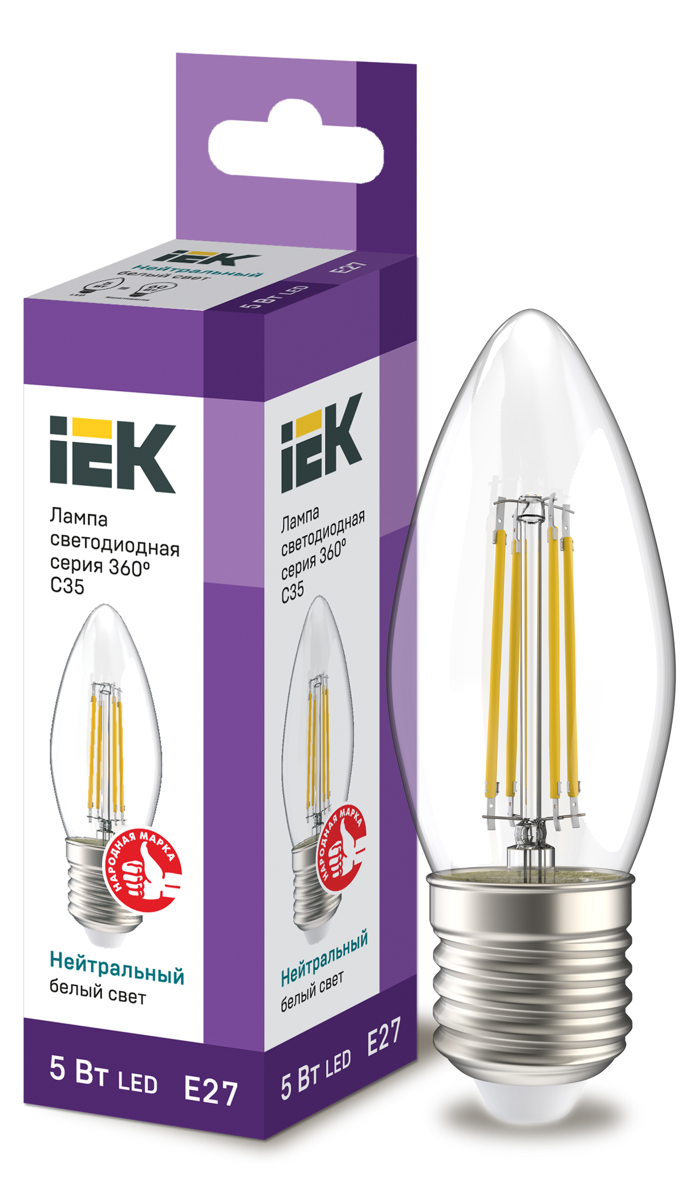 IEK Лампа LED C35 свеча прозрачный 5Вт 230В 4000К E27 серия 360°
