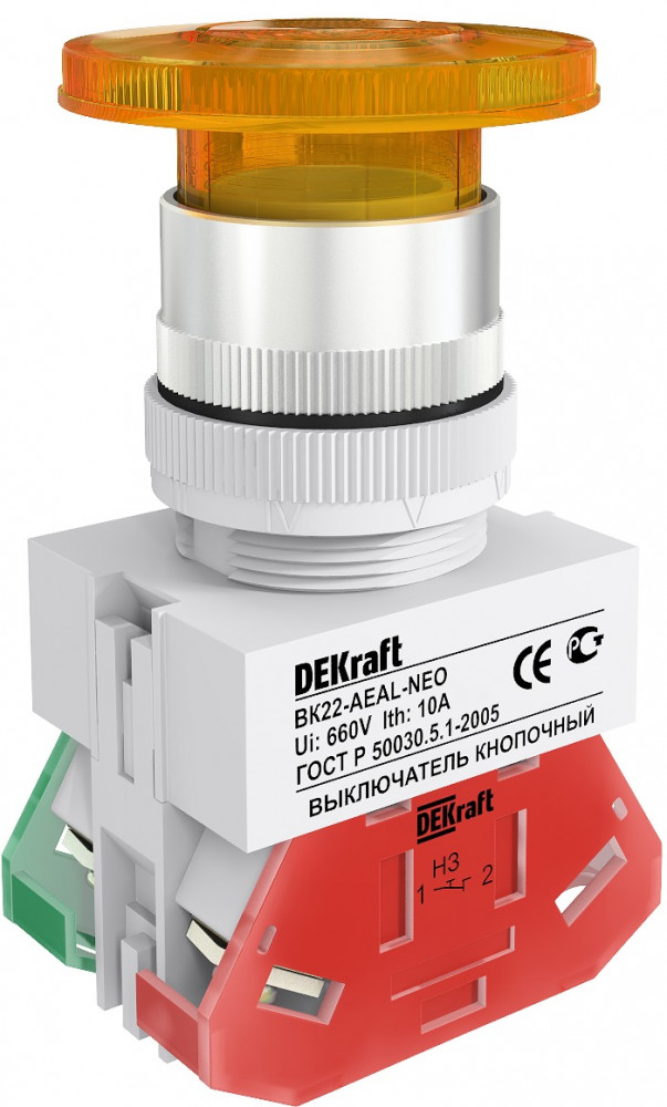 DEKraft ВK-22 Желтый неон Выключатель кнопочный грибок с фикс. AEAL D=22мм 220В