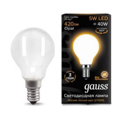Gauss Лампа Filament Шар 5W 420lm 2700К Е14 milky LED