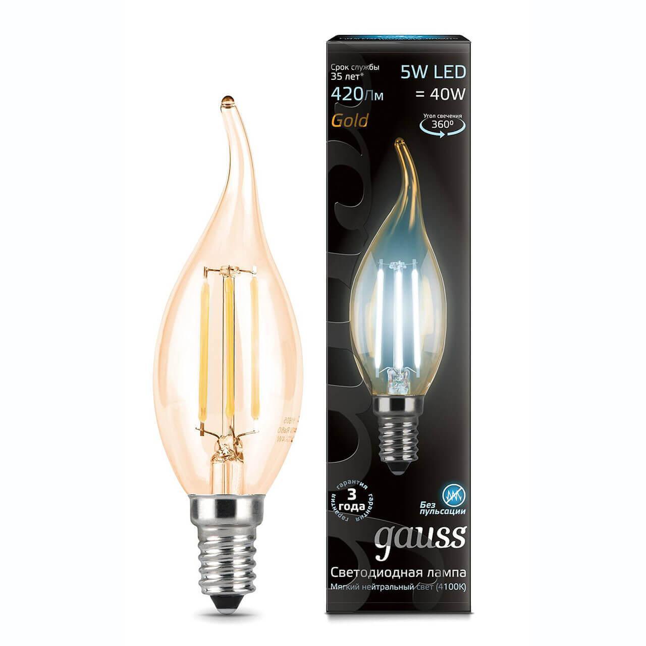 Gauss Лампа Filament Свеча на ветру 5W 420lm 4100К Е14 golden LED