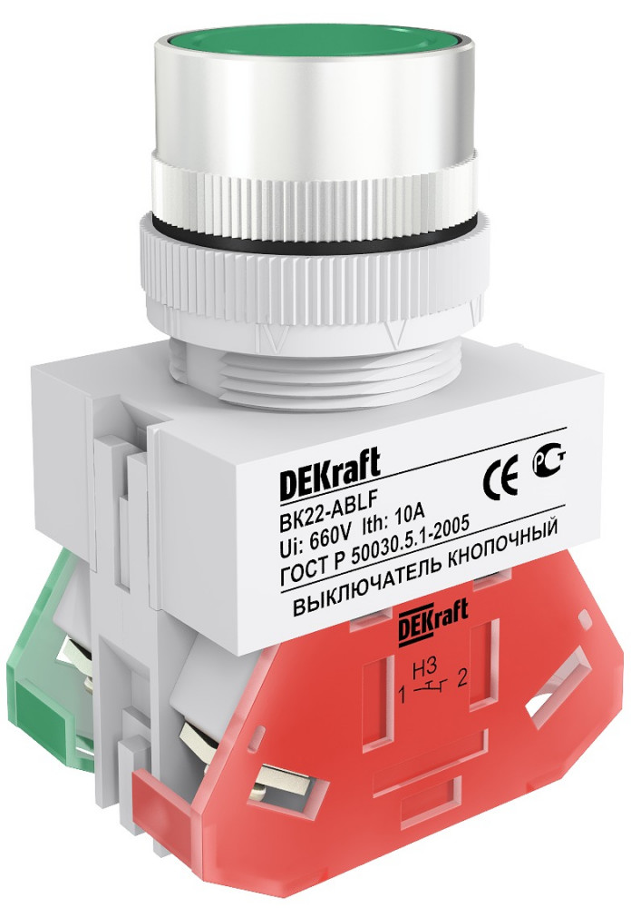 DEKraft ВK-22 Зеленый Выключатель кнопочный ABLF D=22мм 220В