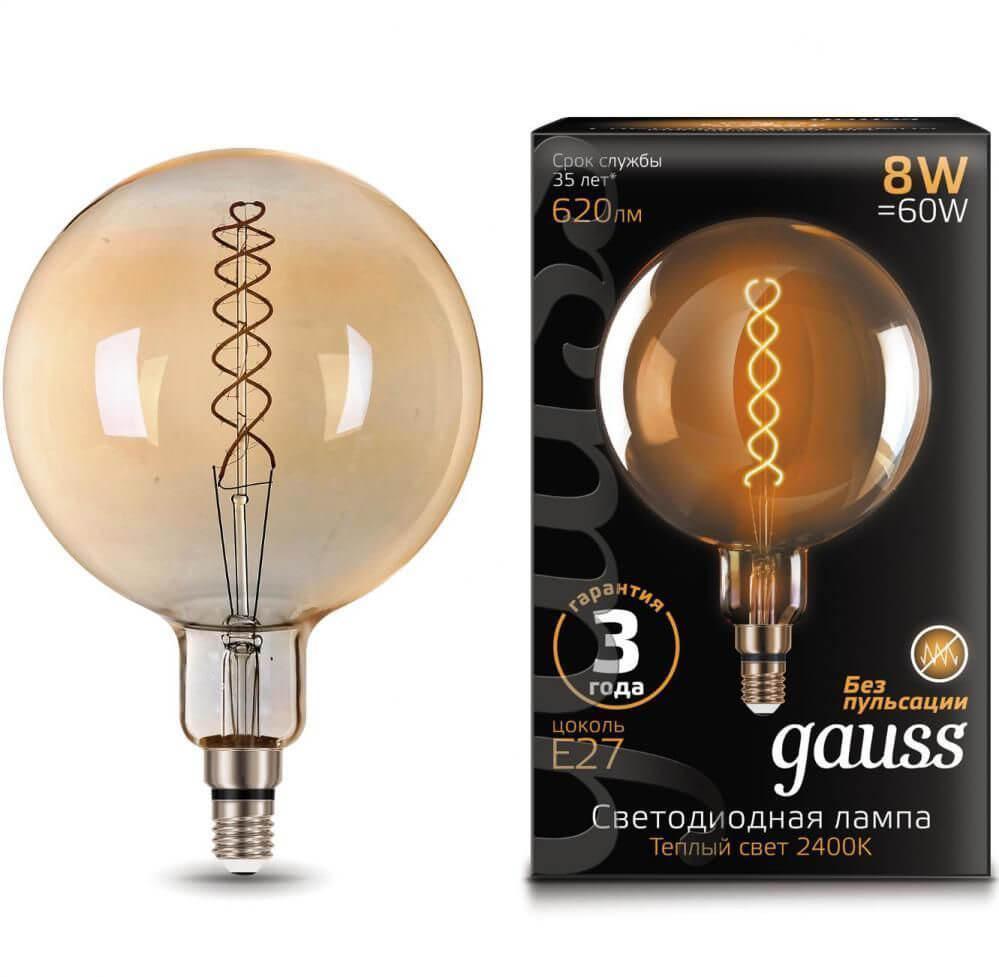 Gauss Лампа Filament G200 8W 620lm 2400К Е27 golden flexible LED