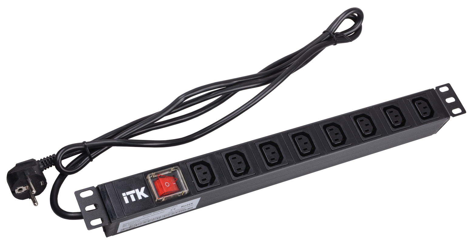 IEK ITK PDU Блок: 8 розеток C13 с LED выкл.,1U, шнур 2м, вилка, немецкий стандарт