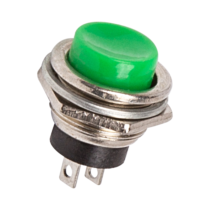 Выключатель-кнопка металл 250V 3А (2с) (ON)-OFF Ø16.2 зеленая Rexant