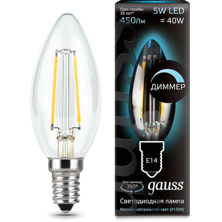 Gauss Лампа Filament Свеча 5W 450lm 4100К Е14 диммируемая LED