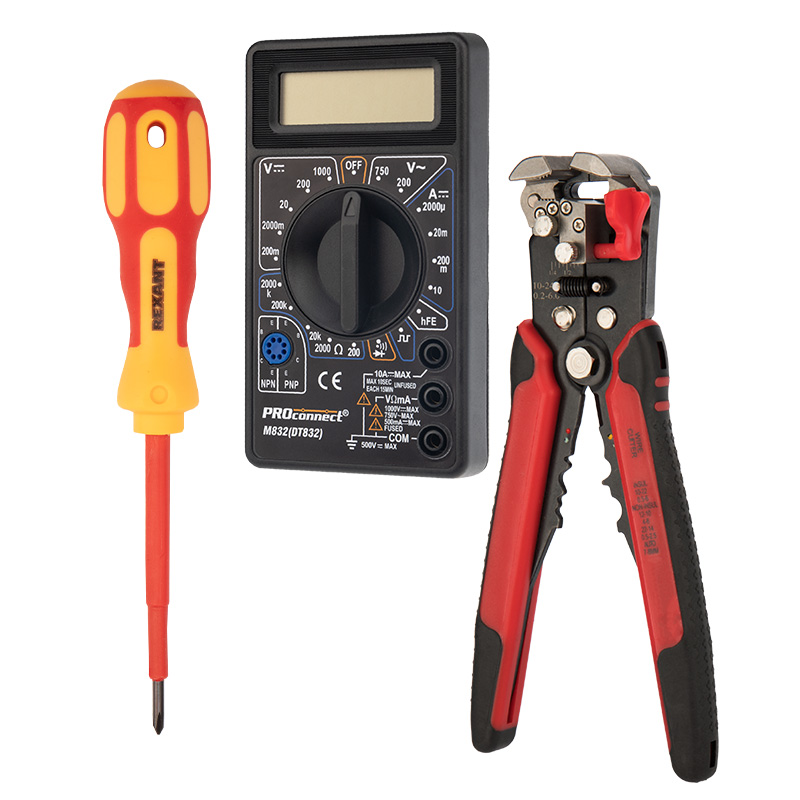 Набор инструментов электромонтажника 3 предмета 1 нож для резки кабеля, 1 крестовая отвертка PH 1 измерительный инструмент Rexant