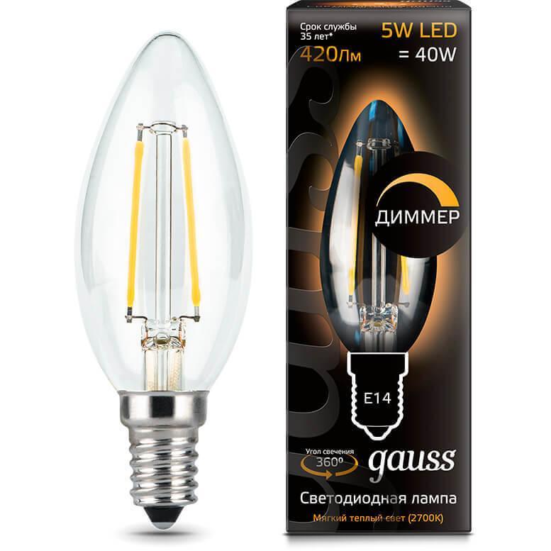 Gauss Лампа Filament Свеча 5W 420lm 2700К Е14 диммируемая LED