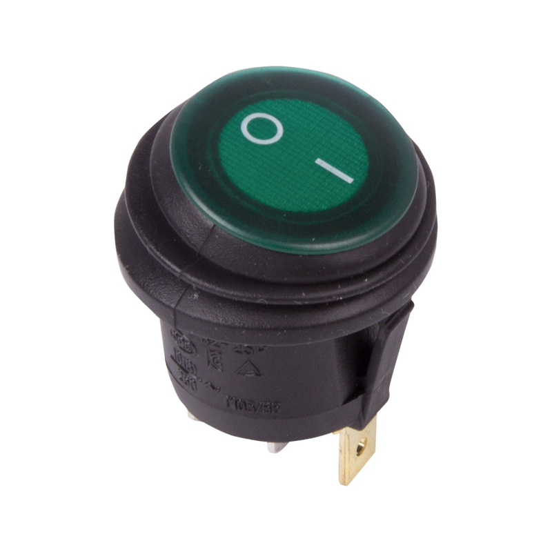 Выключатель клавишный круглый 250V 6А (3c) ON-OFF зеленый с подсветкой ВЛАГОЗАЩИТА Rexant