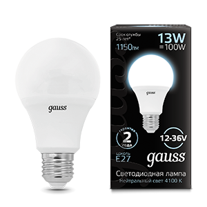 Лампа Gauss A60 AC12-36V 13W 1150lm 4100K E27 LED 1/10/100