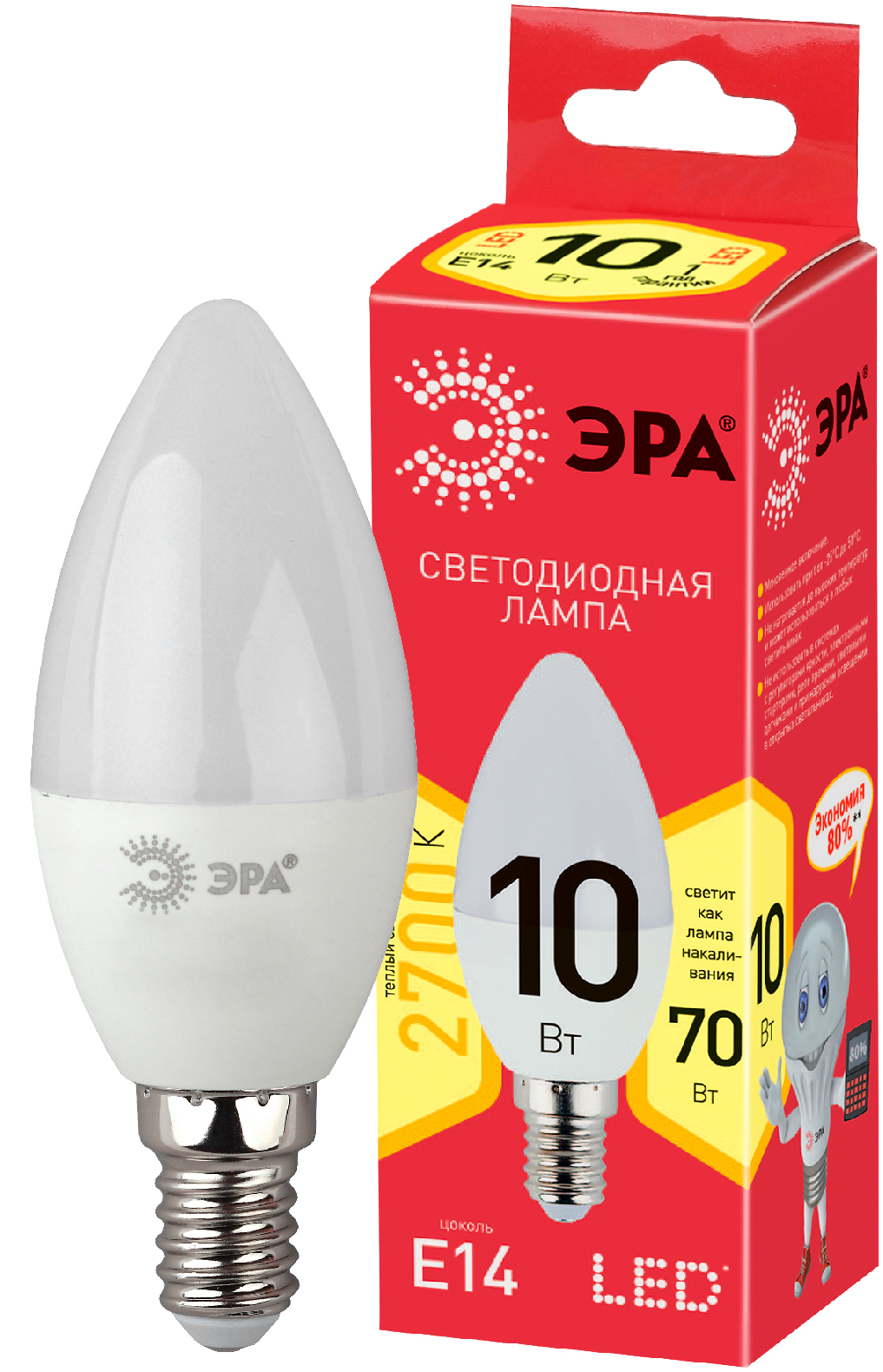 ЭРА ECO LED B35-10W-827-E14 (диод, свеча, 10Вт, тепл, E14)