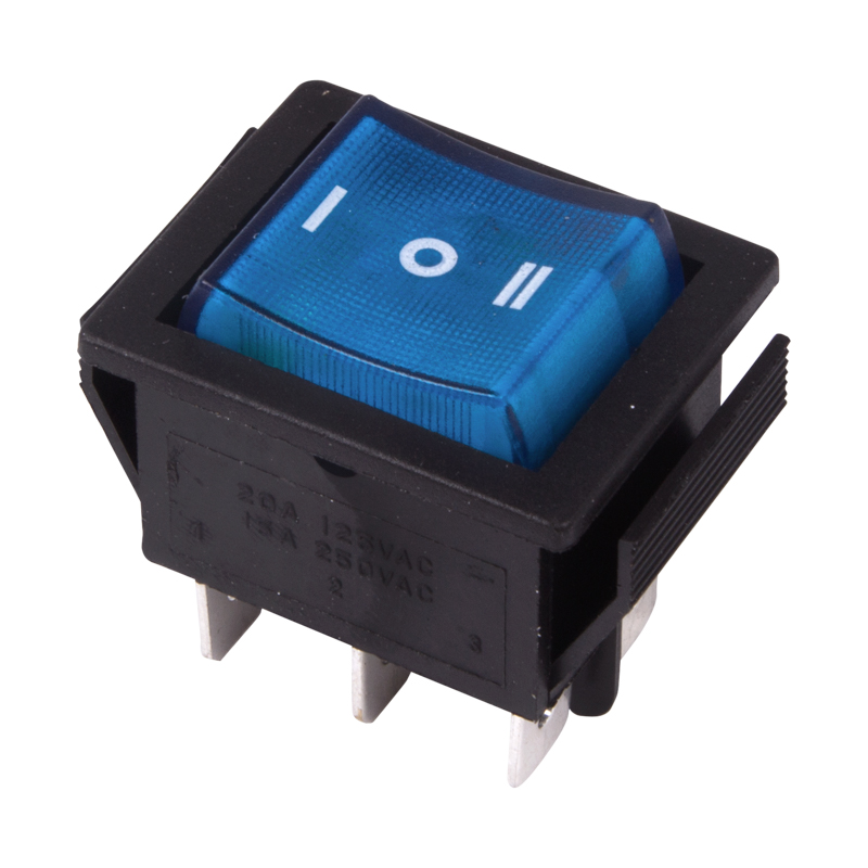 Выключатель клавишный 250V 15А (6с) ON-OFF-ON синий с подсветкой и нейтралью Rexant