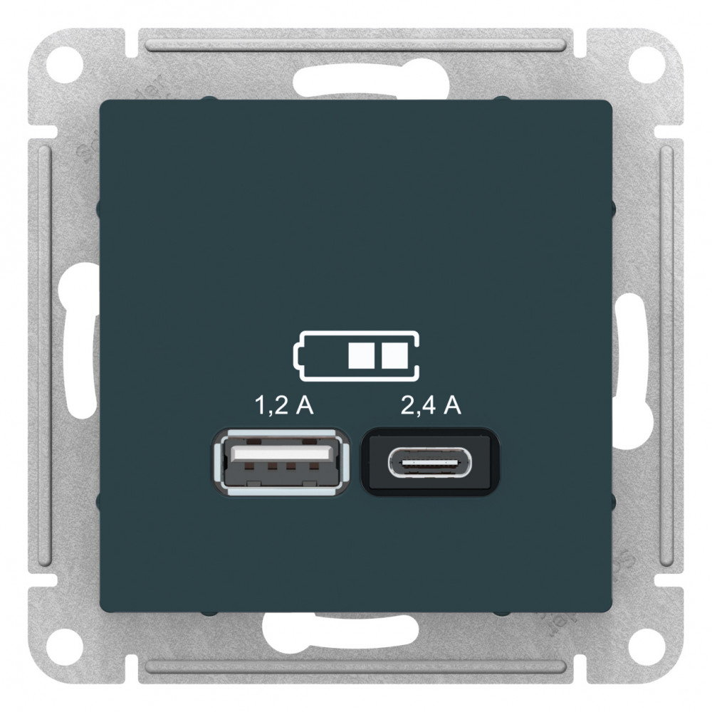 SE Atlasdesign USB Розетка А+С, 5В/2, 4 А, 2х5В/1, 2 А, механизм, изумруд