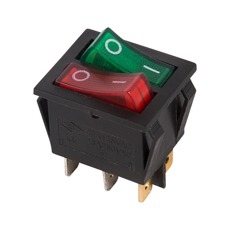 Выключатель клавишный 250V 15А (6с) ON-OFF красный/зеленый с подсветкой ДВОЙНОЙ Rexant