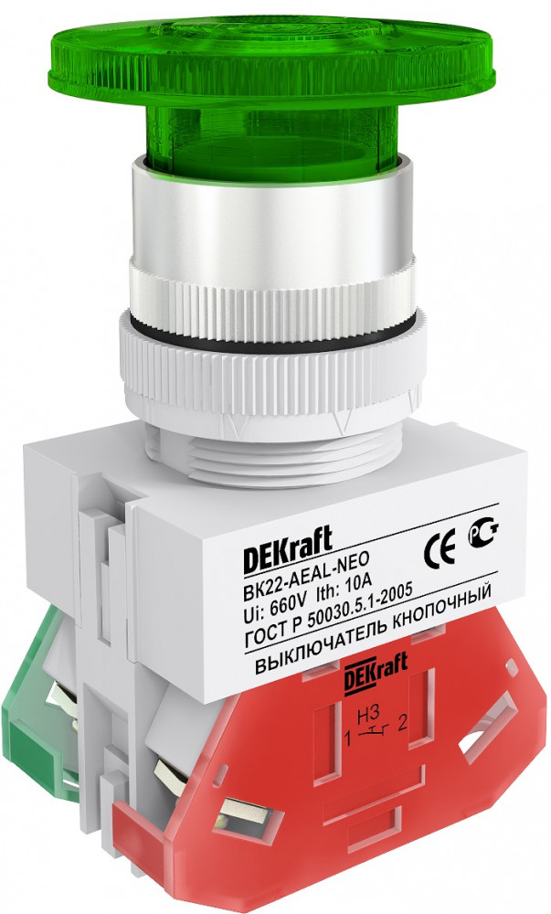 DEKraft ВK-22 Зеленый неон Выключатель кнопочный грибок с фикс. AEAL D=22мм 220В