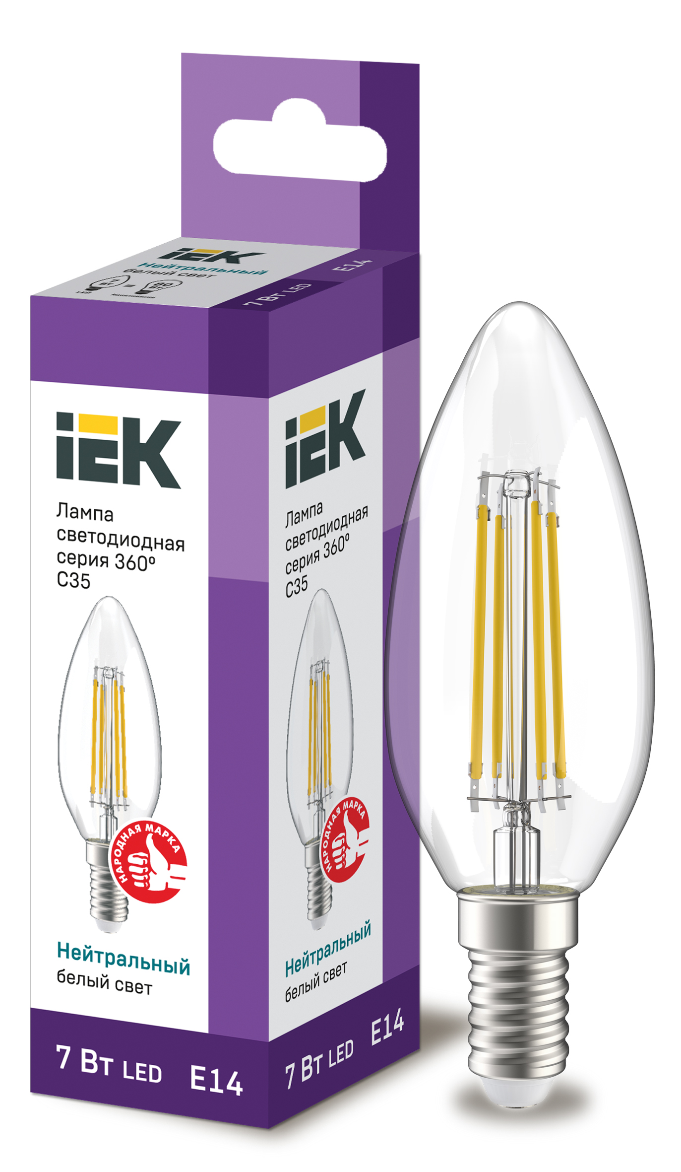 IEK Лампа LED C35 свеча прозрачный 7Вт 230В 4000К E14 серия 360°