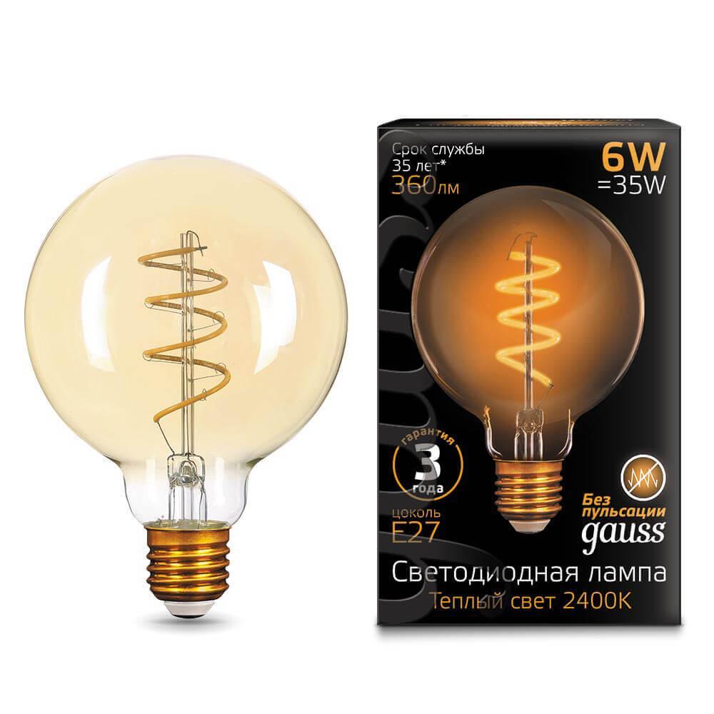 Gauss Лампа Filament G95 6W 360lm 2400К Е27 golden flexible LED