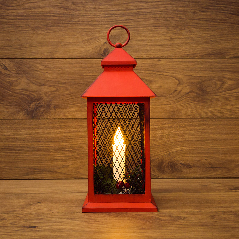 NEON-NIGHT Декоративный фонарь со свечкой, красный корпус, размер 13.5х13.5х30,5 см, цвет ТЕПЛЫЙ БЕЛЫЙ