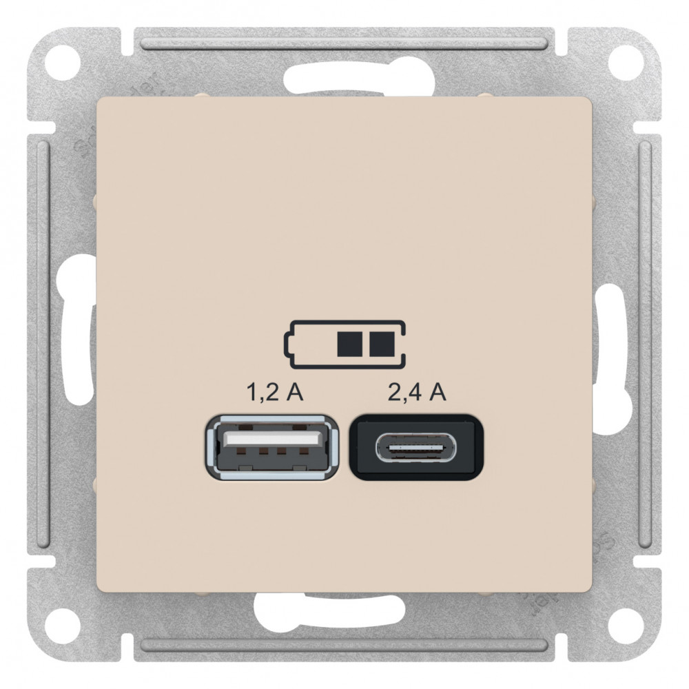 SE Atlasdesign USB Розетка А+С, 5В/2, 4А, 2х5В/1, 2А, механизм, бежевый