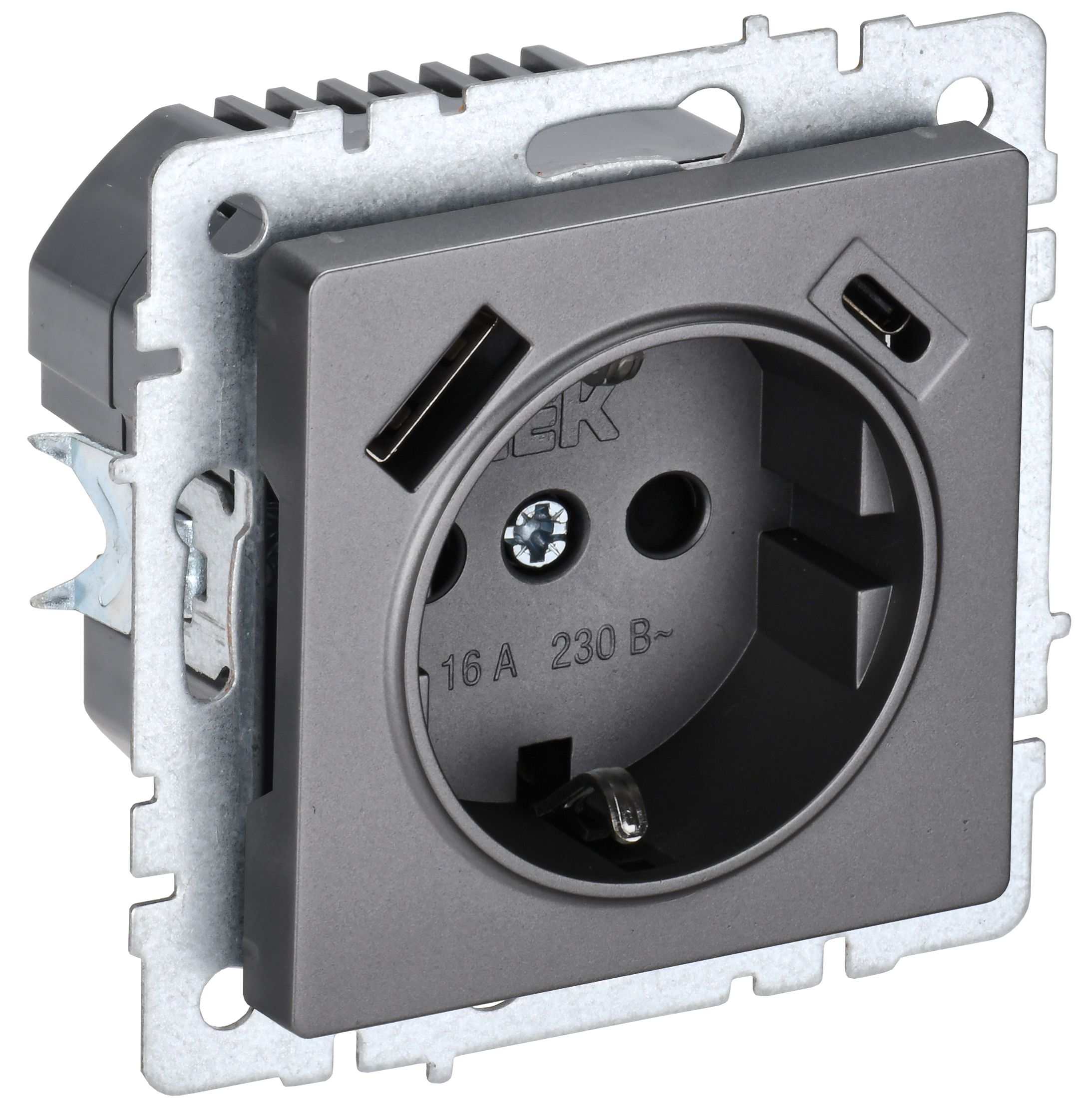 IEK BRITE BASE Сталь Розетка с з/к/ш 16А с USB A+C 18Вт РЮш11-1-БрС