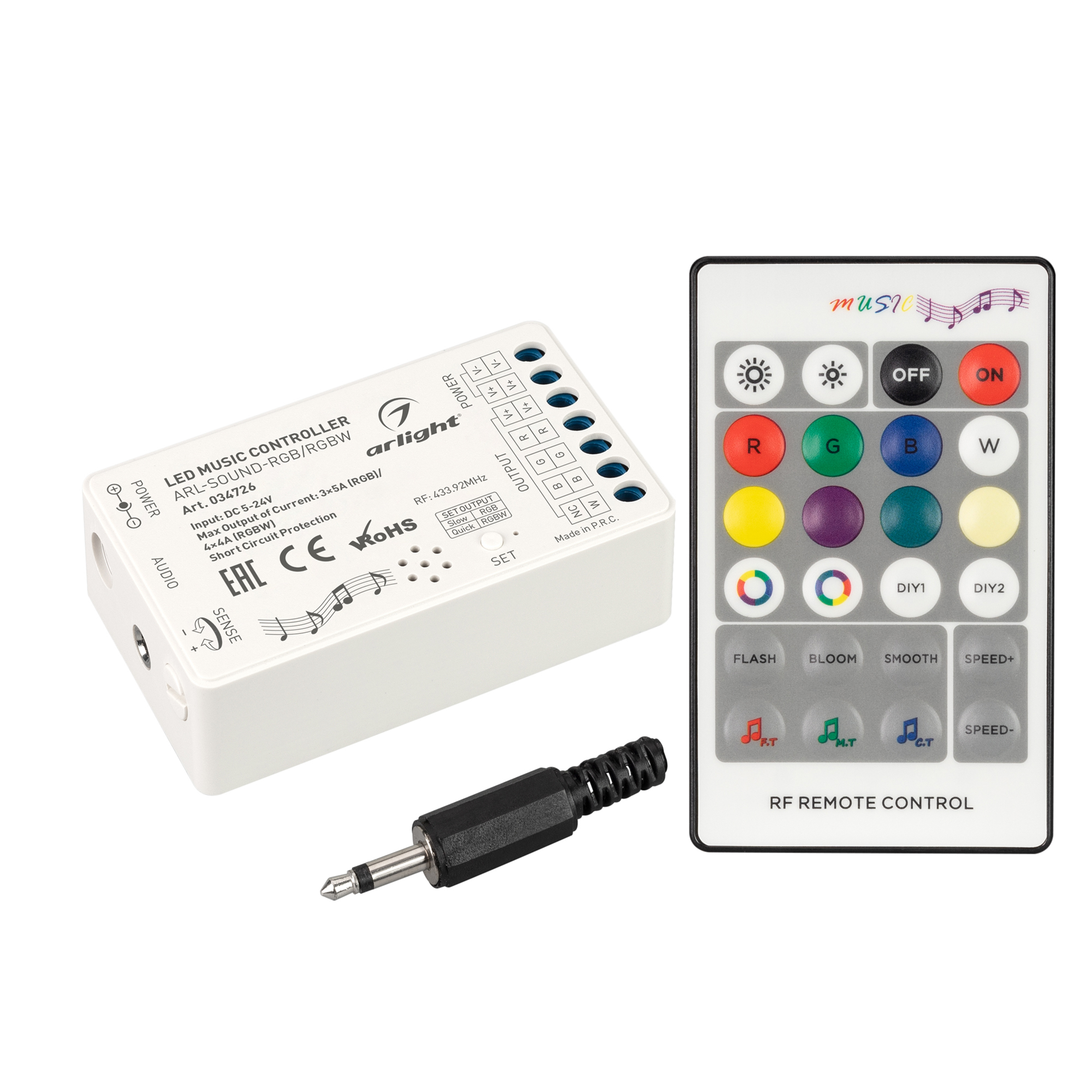 Arlight Аудиоконтроллер ARL-SOUND-RGB/RGBW (12-24V, 4x4A, RF ПДУ 24кн) (IP20 Пластик, 3 года)