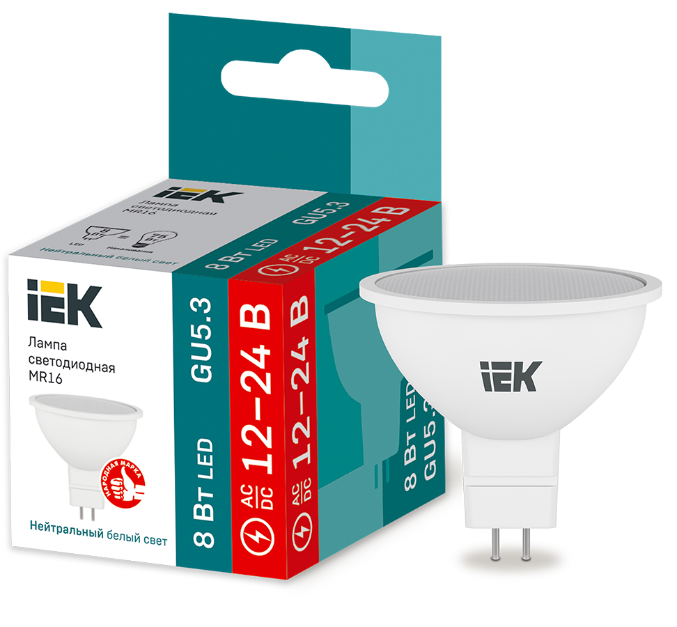 IEK Лампа светодиодная MR16 софит 8Вт 12-24В 4000К GU5,3