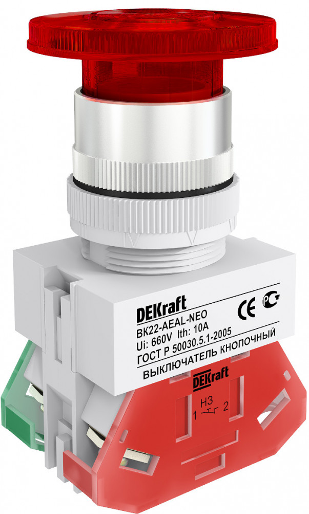 DEKraft ВK-22 Красный Выключатель кнопочный грибок с фикс. AEAL D=22мм 1з+1р (1НО+1НЗ) 220В