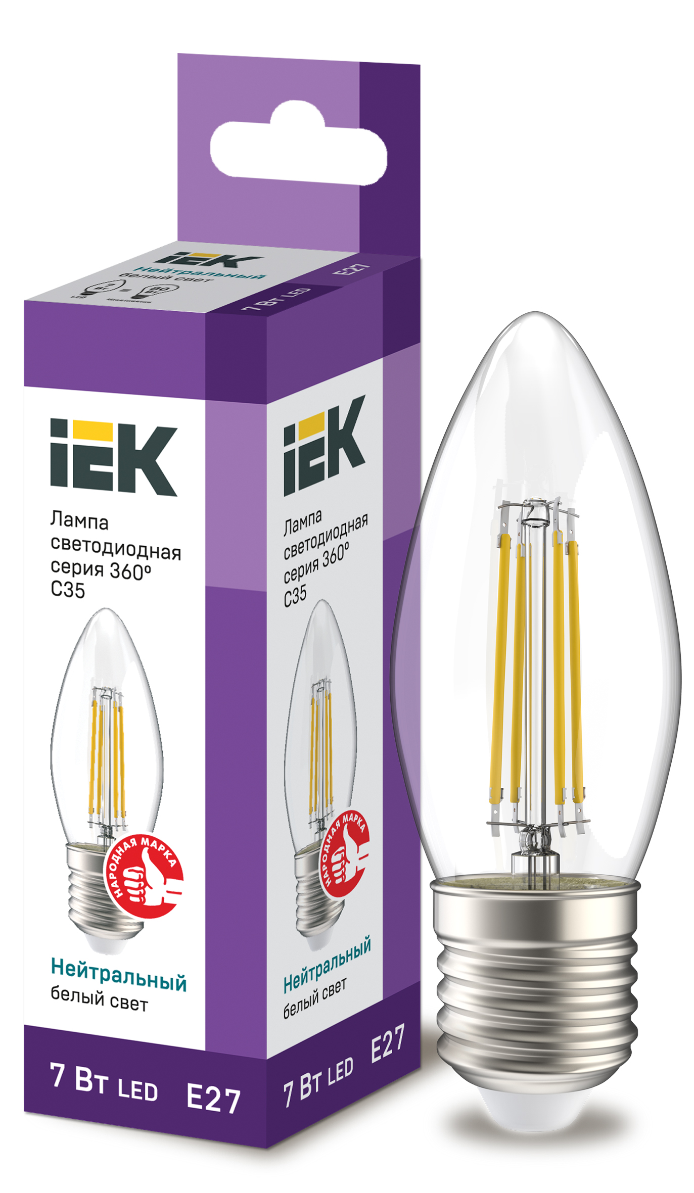 IEK Лампа LED C35 свеча прозрачный 7Вт 230В 4000К E27 серия 360°