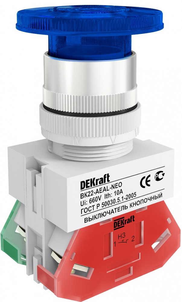 DEKraft ВK-22 Синий неон Выключатель кнопочный грибок с фикс. AEAL D=22мм 220В