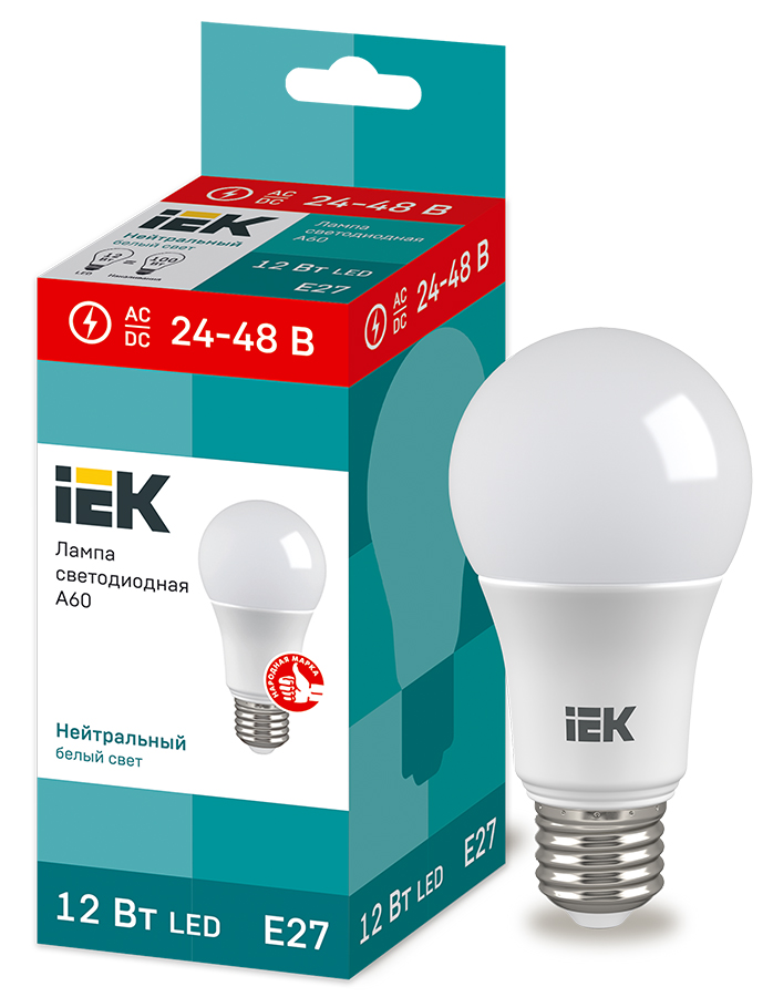 IEK Лампа светодиодная A60 шар 12Вт 24-48В 4000К E27