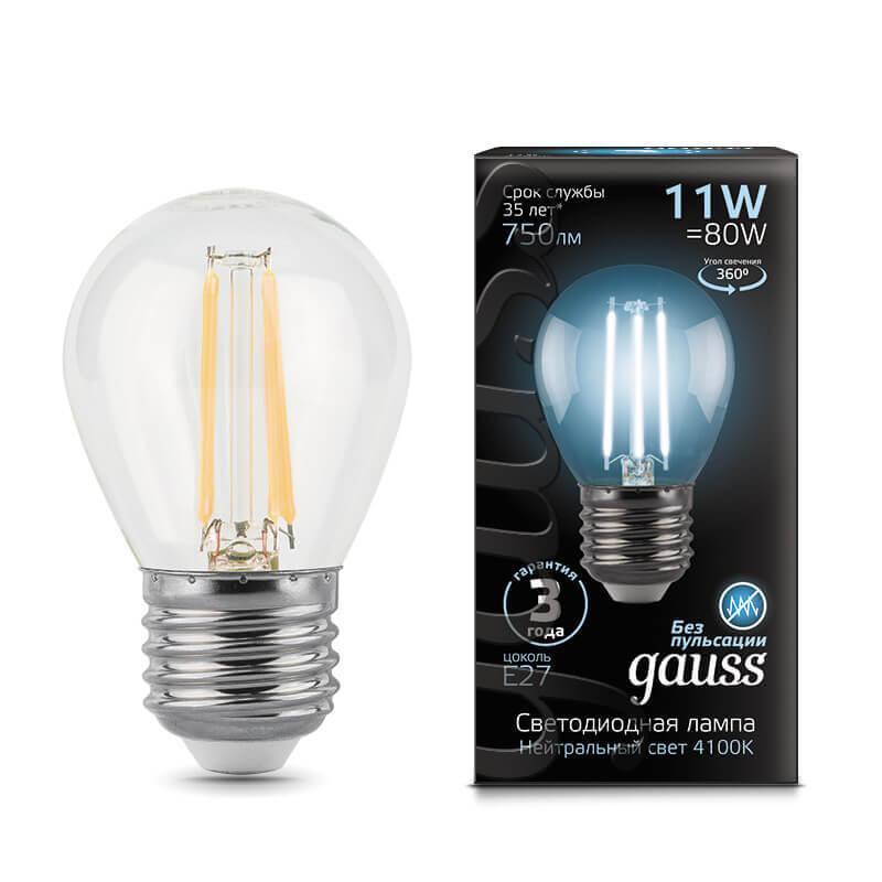 Gauss Лампа Filament Шар 11W 830lm 4100К Е27 LED
