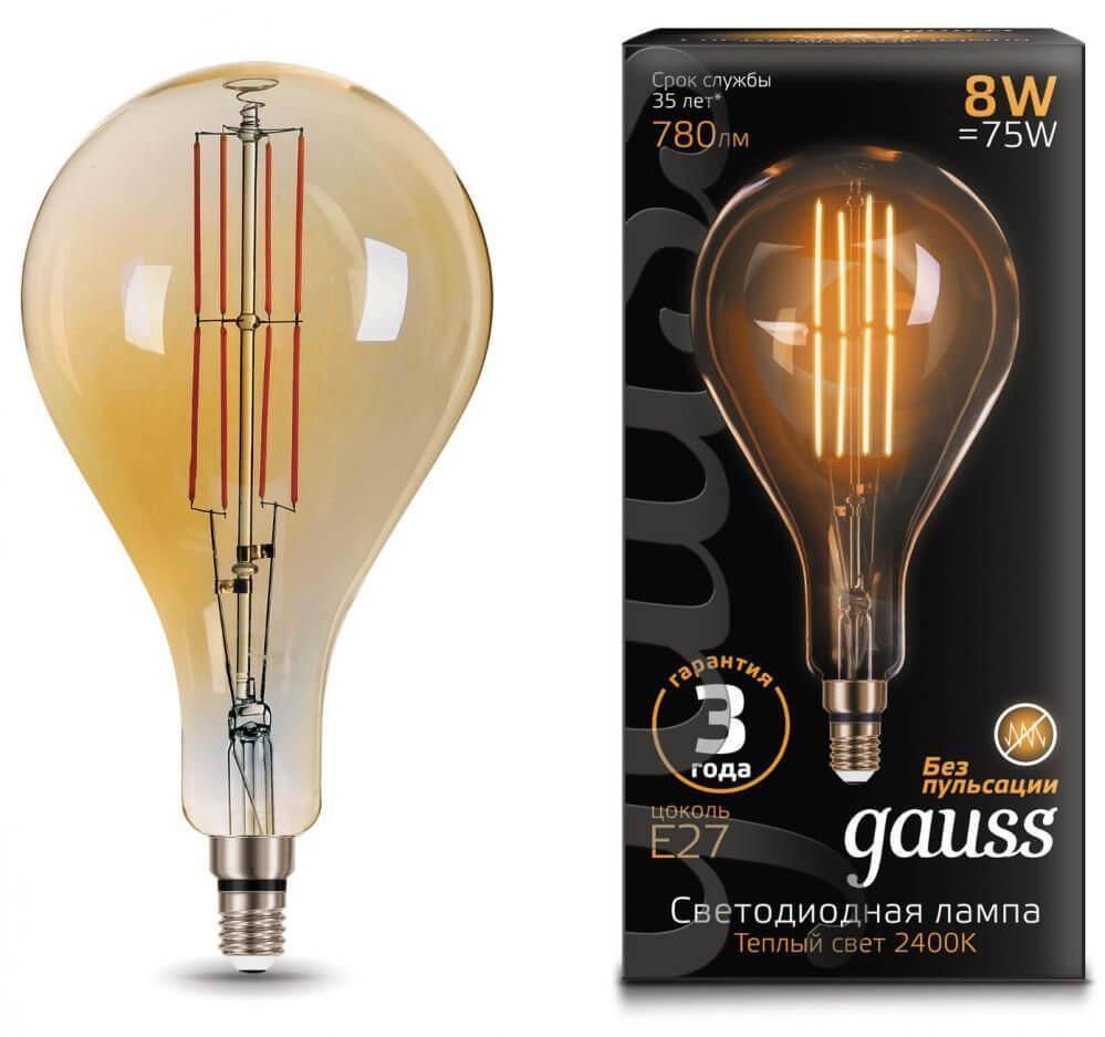 Gauss Лампа Filament А160 8W 780lm 2400К Е27 golden straight LED