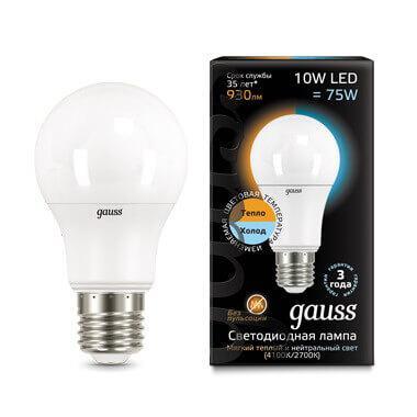 Gauss Лампа A60 10W 930lm 3000K/4100K E27 изм.цвет.темп. LED