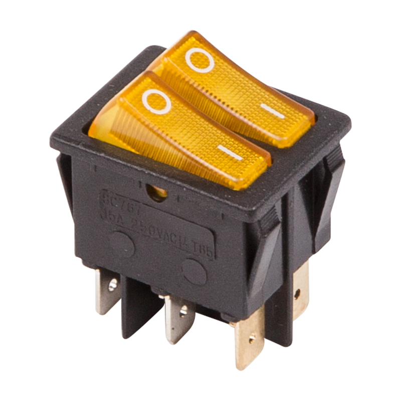 Выключатель клавишный 250V 15А (6с) ON-OFF желтый с подсветкой ДВОЙНОЙ Rexant