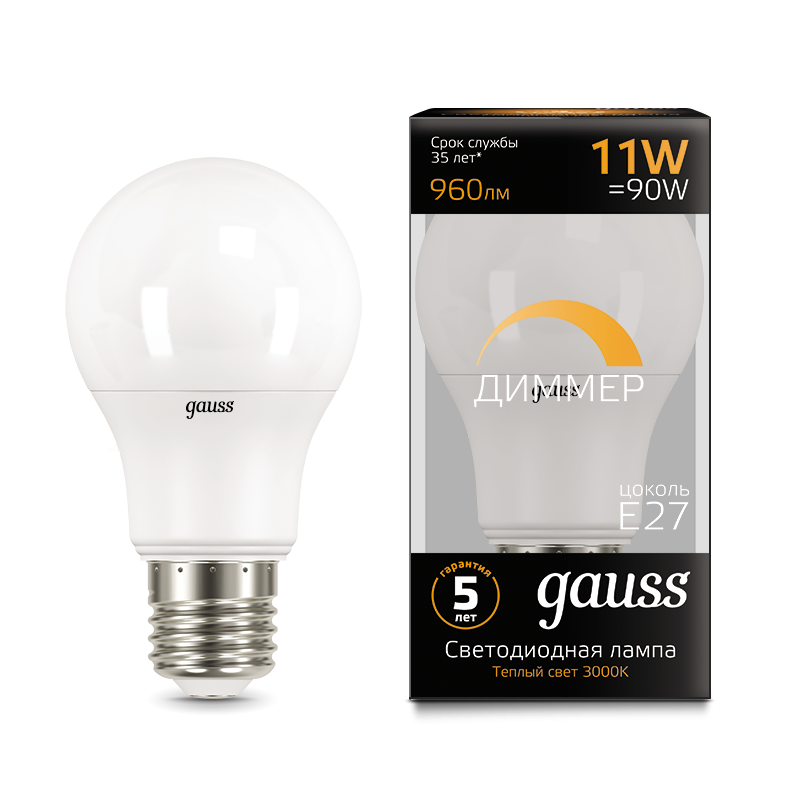 Gauss Лампа A60 11W 960lm 3000К E27 диммируемая LED