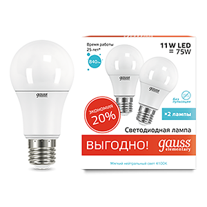Gauss Лампа Elementary A60 11W 840lm 4100K E27 (2 лампы в упаковке) LED