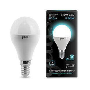 Gauss Лампа Шар 6.5W 550lm 4100K E14 LED