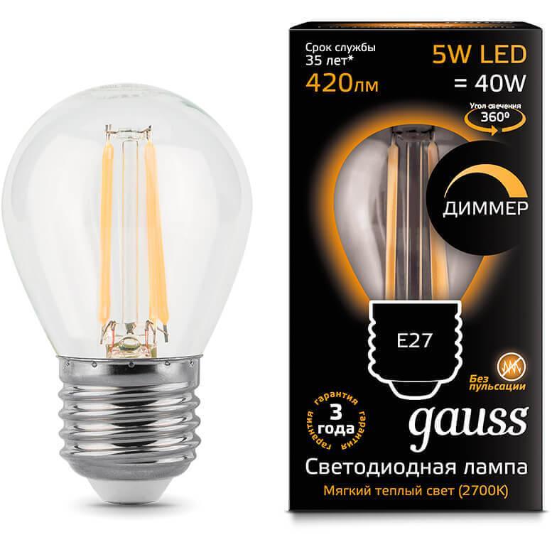 Gauss Лампа Filament Шар 5W 420lm 2700К Е27 диммируемая LED