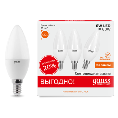 Gauss Лампа Elementary Свеча 6W 420lm 3000K E14 (3 лампы в упаковке) LED 1/40