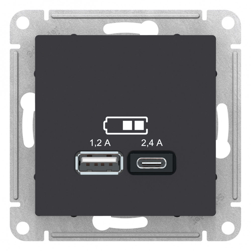 SE Atlasdesign USB Розетка А+С, 5В/2, 4А, 2х5В/1, 2 А, механизм, карбон