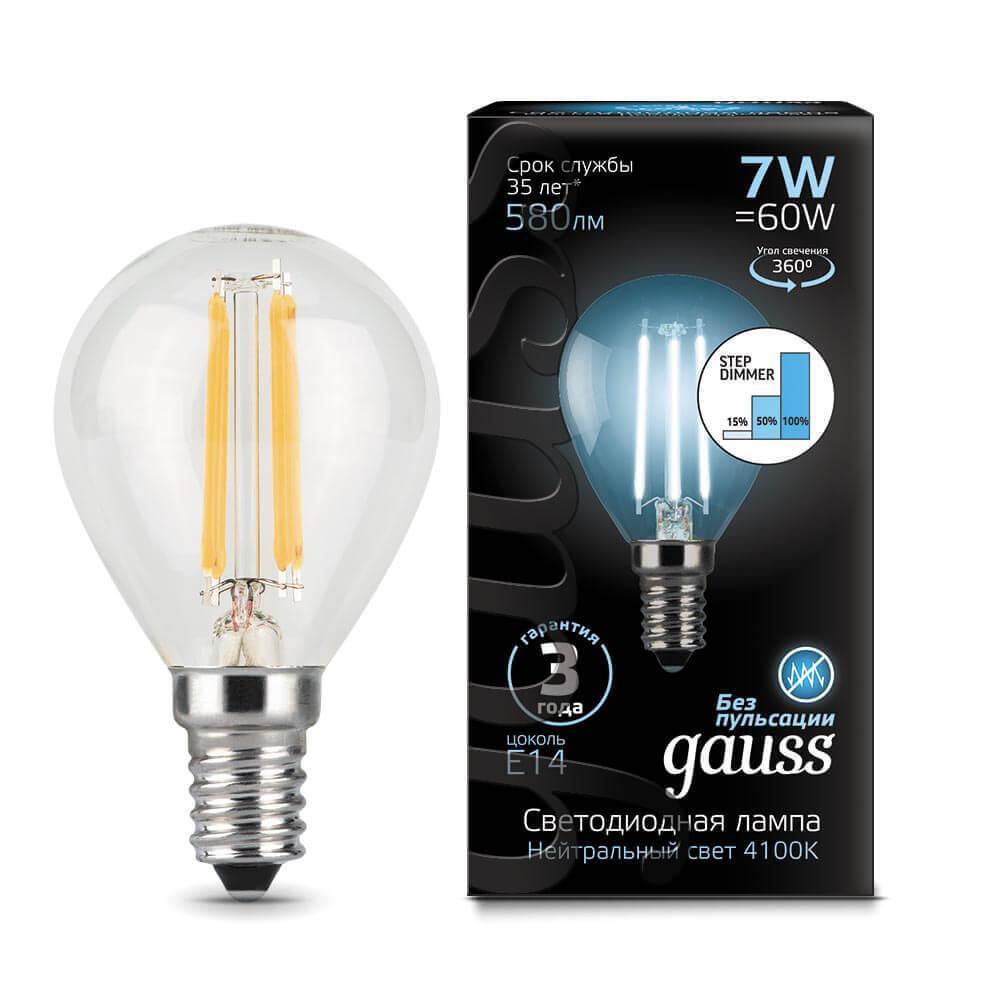 Gauss Лампа Filament Шар 7W 580lm 4100К Е14 шаг. диммирование LED