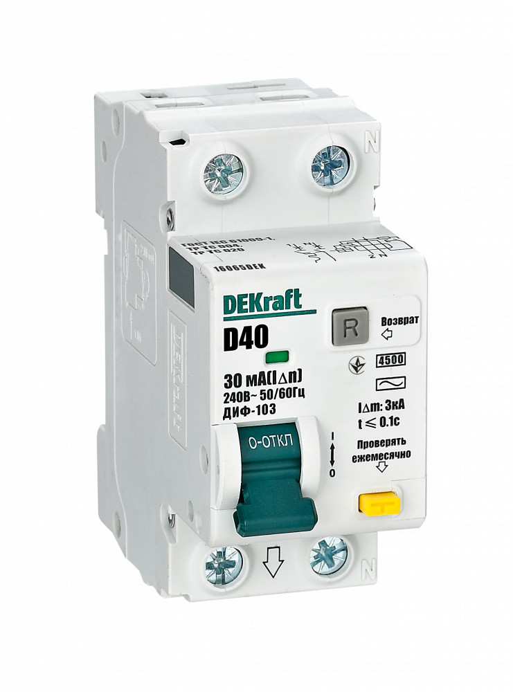 DEKraft Дифференциальный автомат (АВДТ) 1Р+N 40А 30мА тип AC х-ка D ДИФ-103 4.5кА