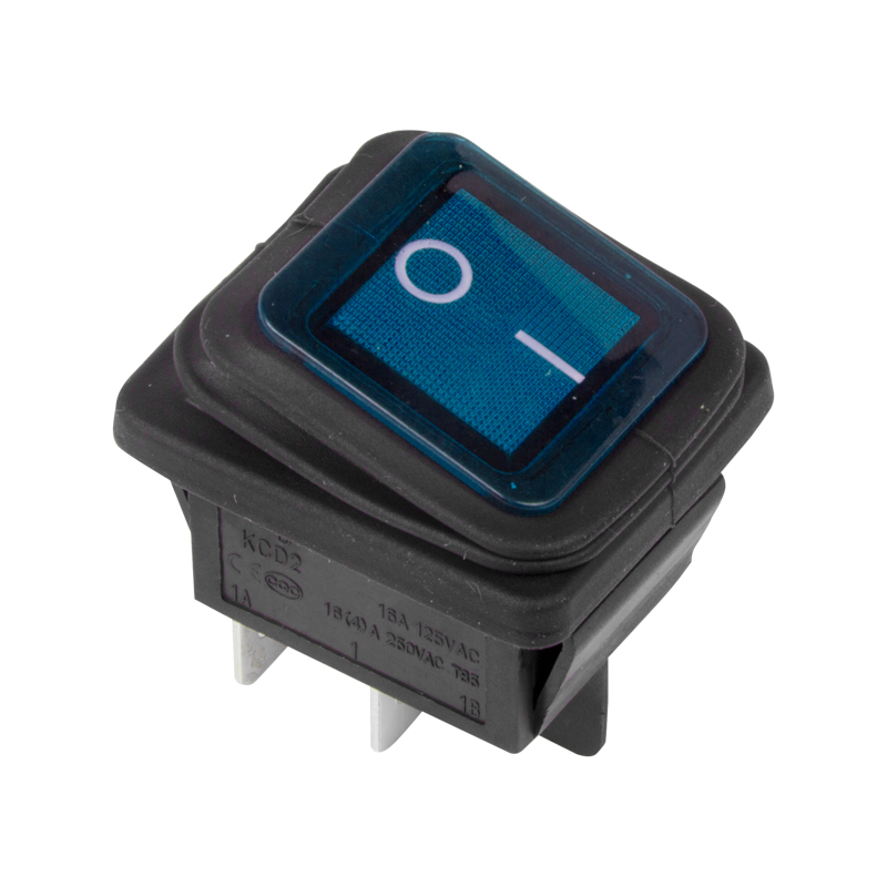 Выключатель клавишный 250V 15А (4с) ON-OFF синий с подсветкой ВЛАГОЗАЩИТА Rexant