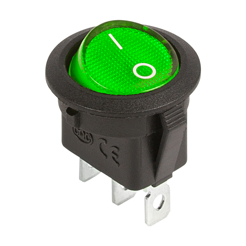 Выключатель клавишный круглый 12V 20А (3с) ON-OFF зеленый с подсветкой Rexant