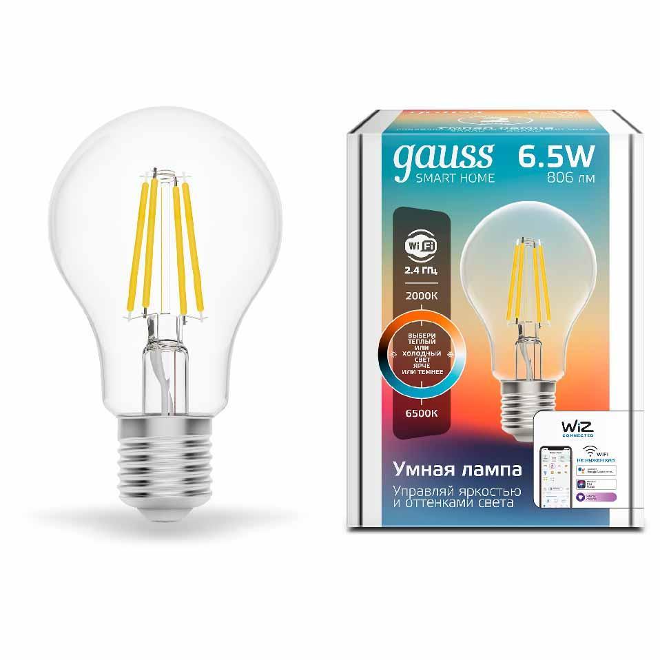 Gauss Лампа Smart Home Filament А60 6,5W 806lm 2000-6500К E27 изм.цвет.темп.+дим. LED